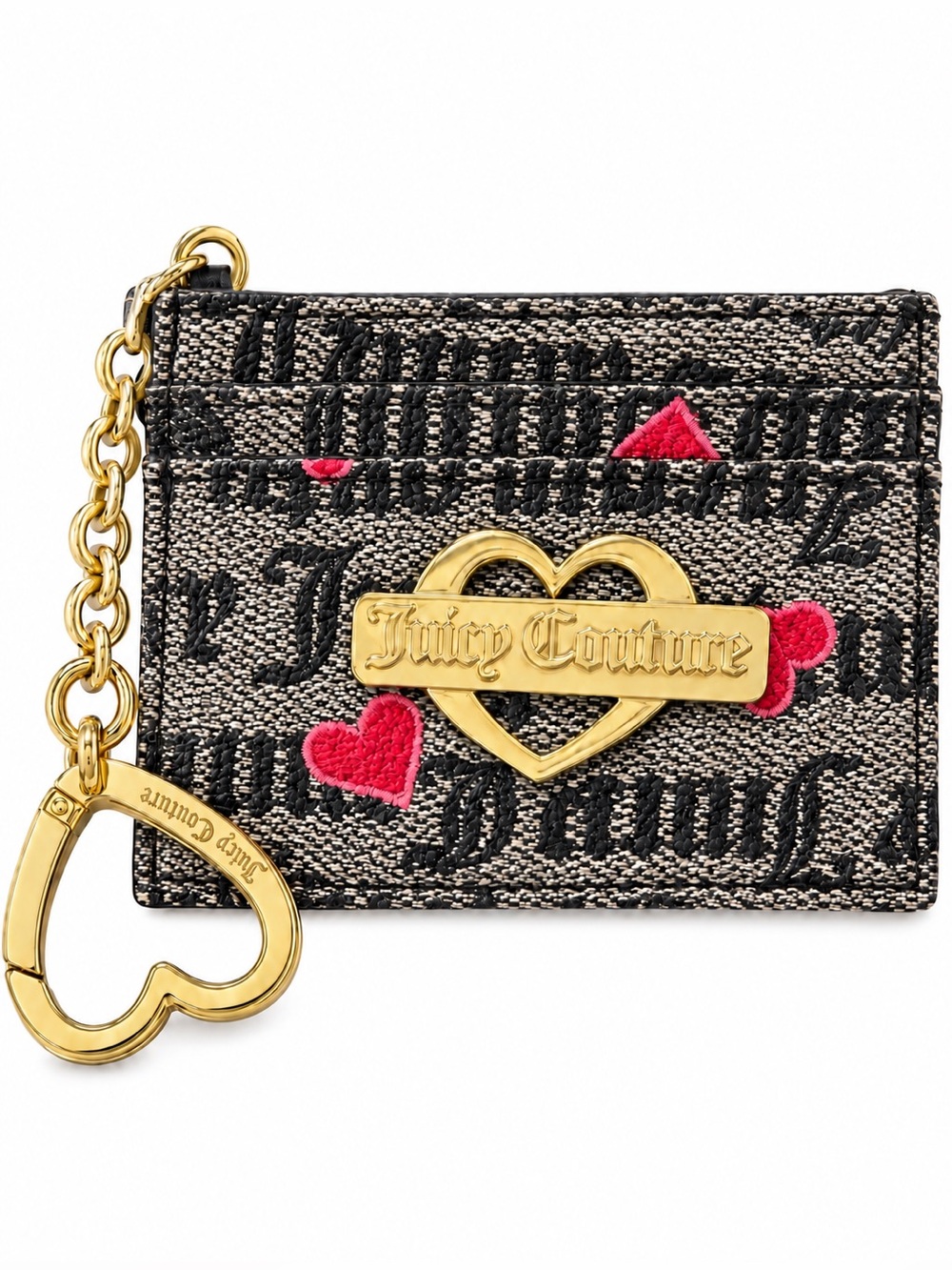 NWT JUICY COUTURE Glam Heart Card Case Keychain Black Pink Gold